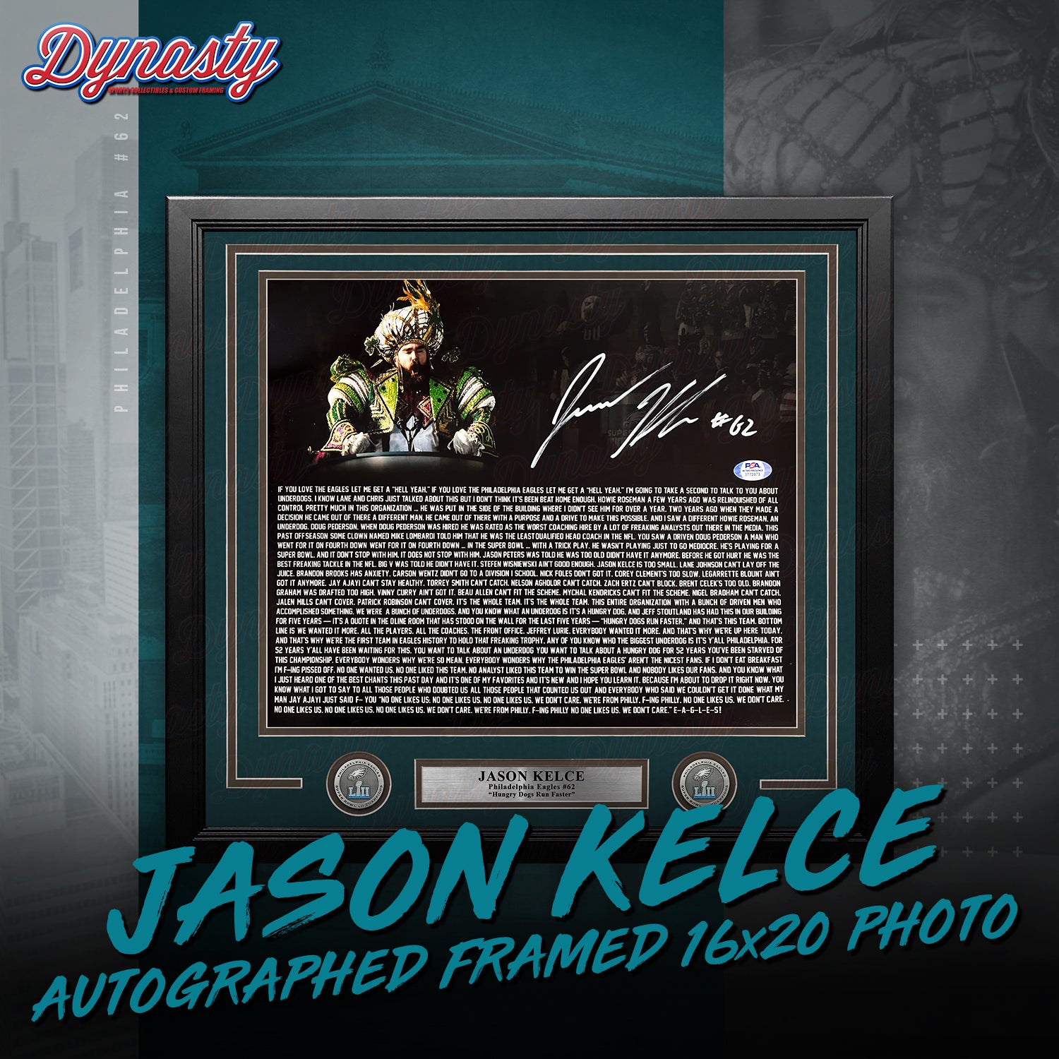 Jason Kelce Autographed Parade Speech Text Framed Photo | Pre-Sale Opportunity - Dynasty Sports & Framing 