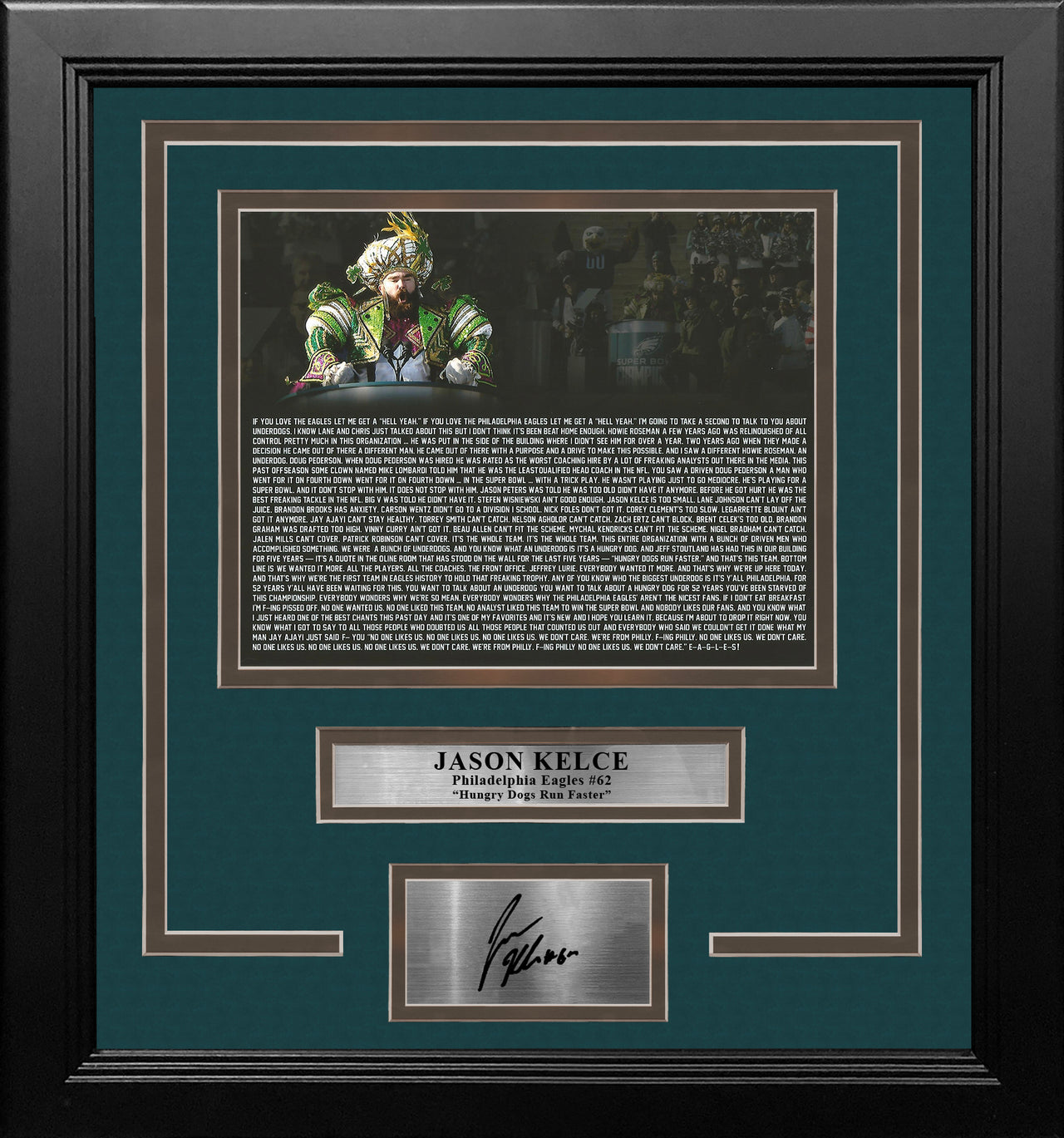 Jason Kelce Super Bowl Speech Text Philadelphia Eagles Framed Football Photo with Engraved Autograph - Dynasty Sports & Framing