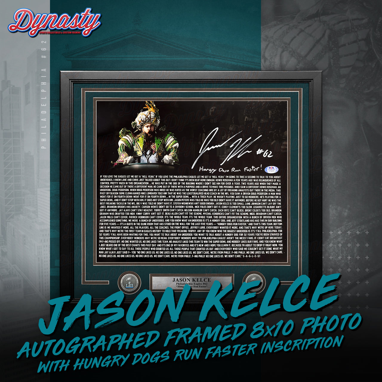 Jason Kelce Autographed Parade Speech Text Framed Photo | Pre-Sale Opportunity - Dynasty Sports & Framing 