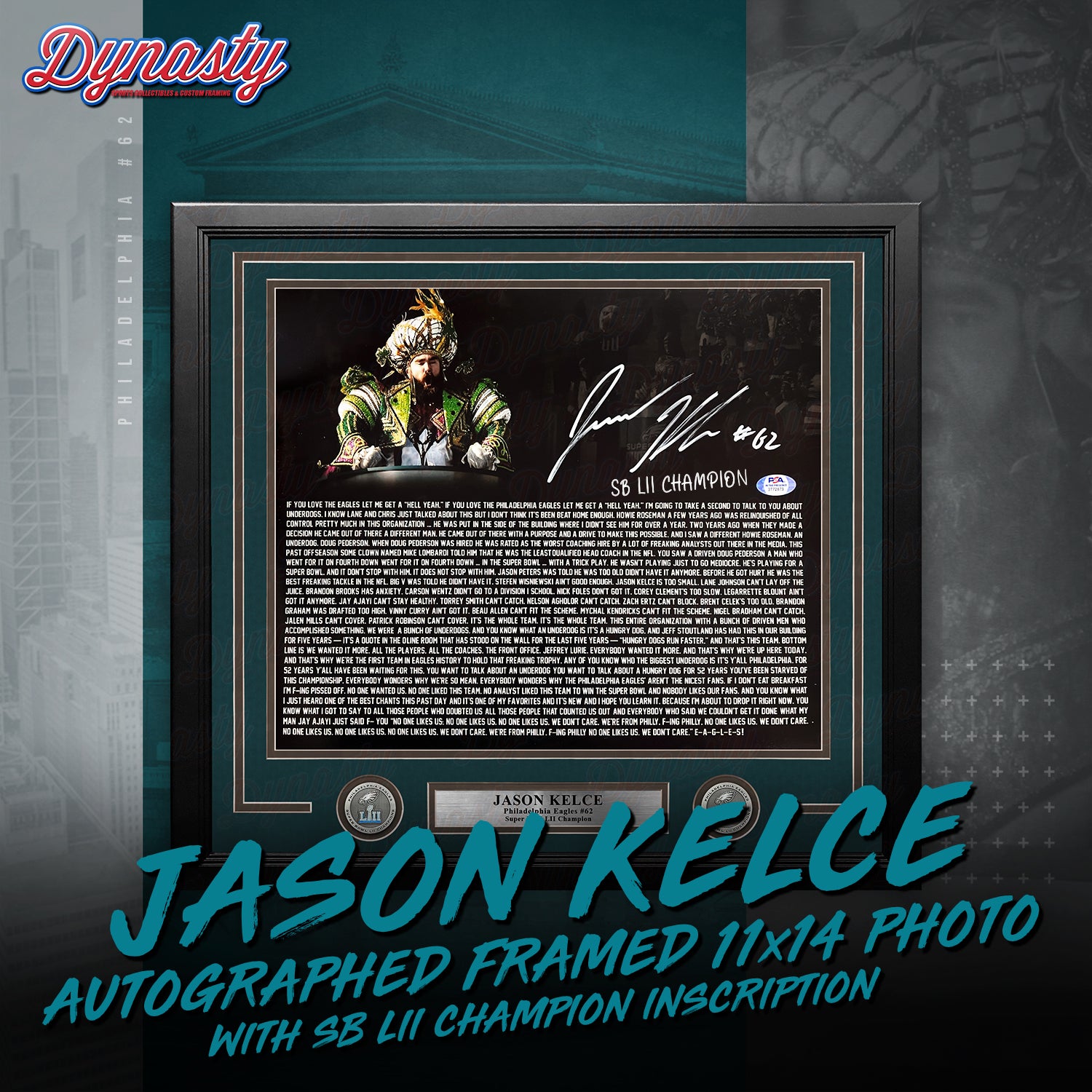 Jason Kelce Autographed Parade Speech Text Framed Photo | Pre-Sale Opportunity - Dynasty Sports & Framing 