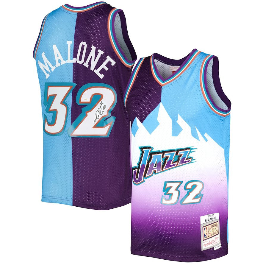Karl Malone Utah Jazz Autographed Mitchell & Ness Split Basketball Jersey - Dynasty Sports & Framing 