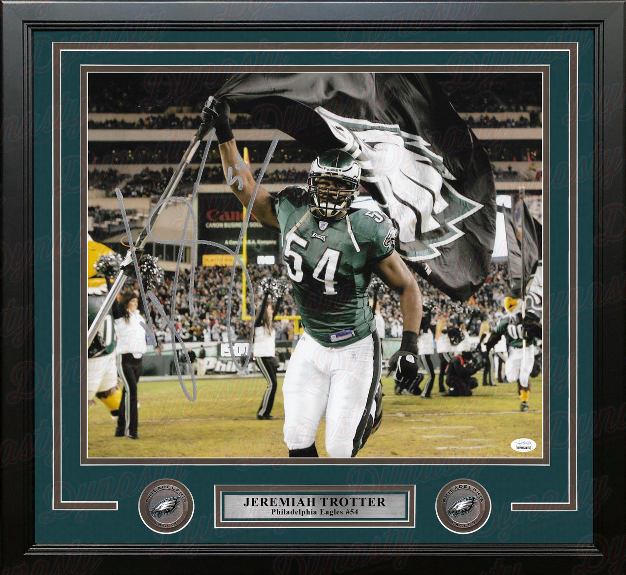 Jeremiah Trotter Carrying the Flag Philadelphia Eagles Autographed Framed Football Photo - Dynasty Sports & Framing 