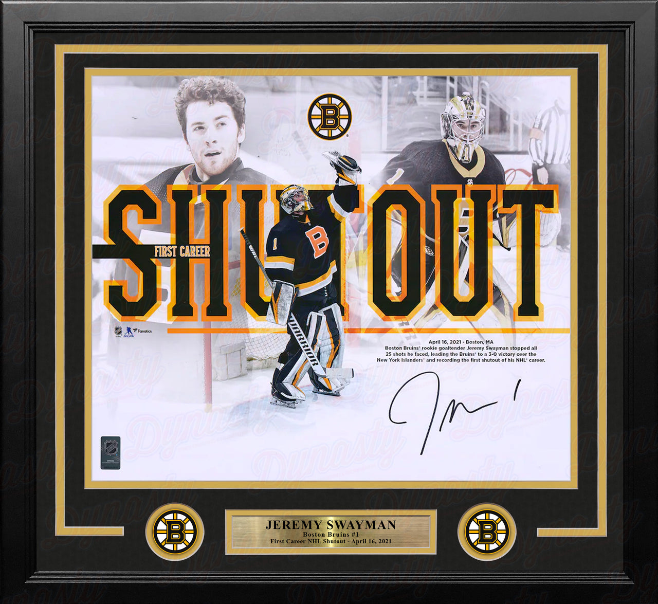 Jeremy Swayman First Career Shutout Boston Bruins Autographed 16" x 20" Framed Hockey Photo - Dynasty Sports & Framing 