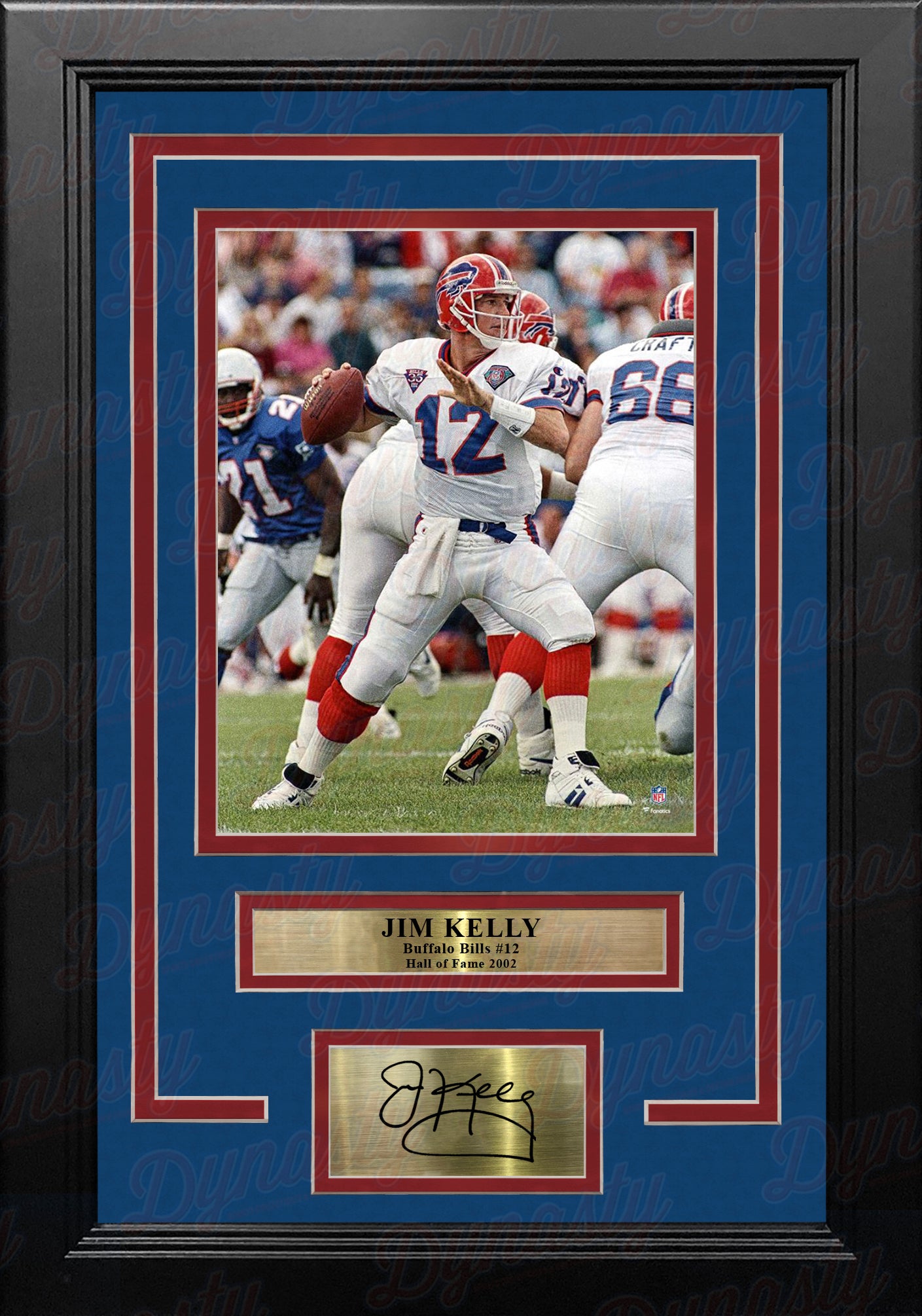 Jim Kelly v. New England Buffalo Bills 8" x 10" Framed Football Photo with Engraved Autograph - Dynasty Sports & Framing 
