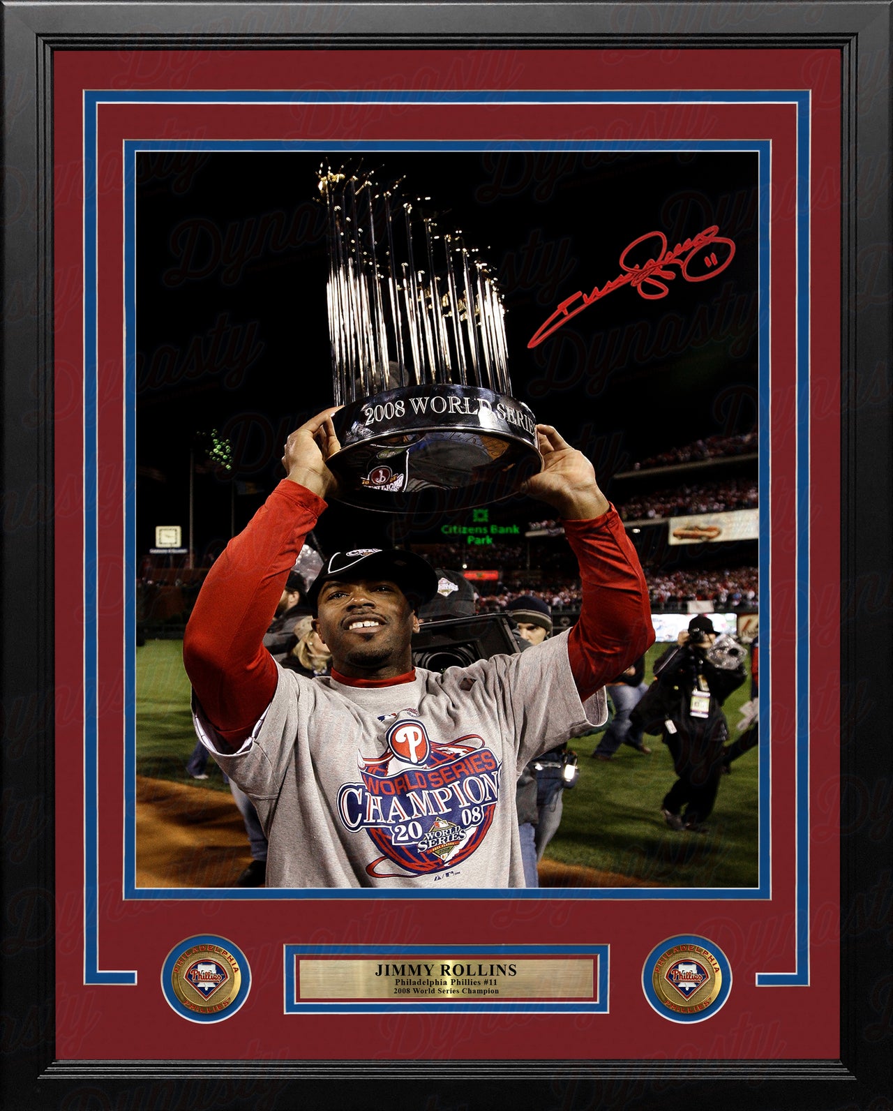 Jimmy Rollins Autographed 2008 World Series Trophy Framed Baseball Photo - Dynasty Sports & Framing