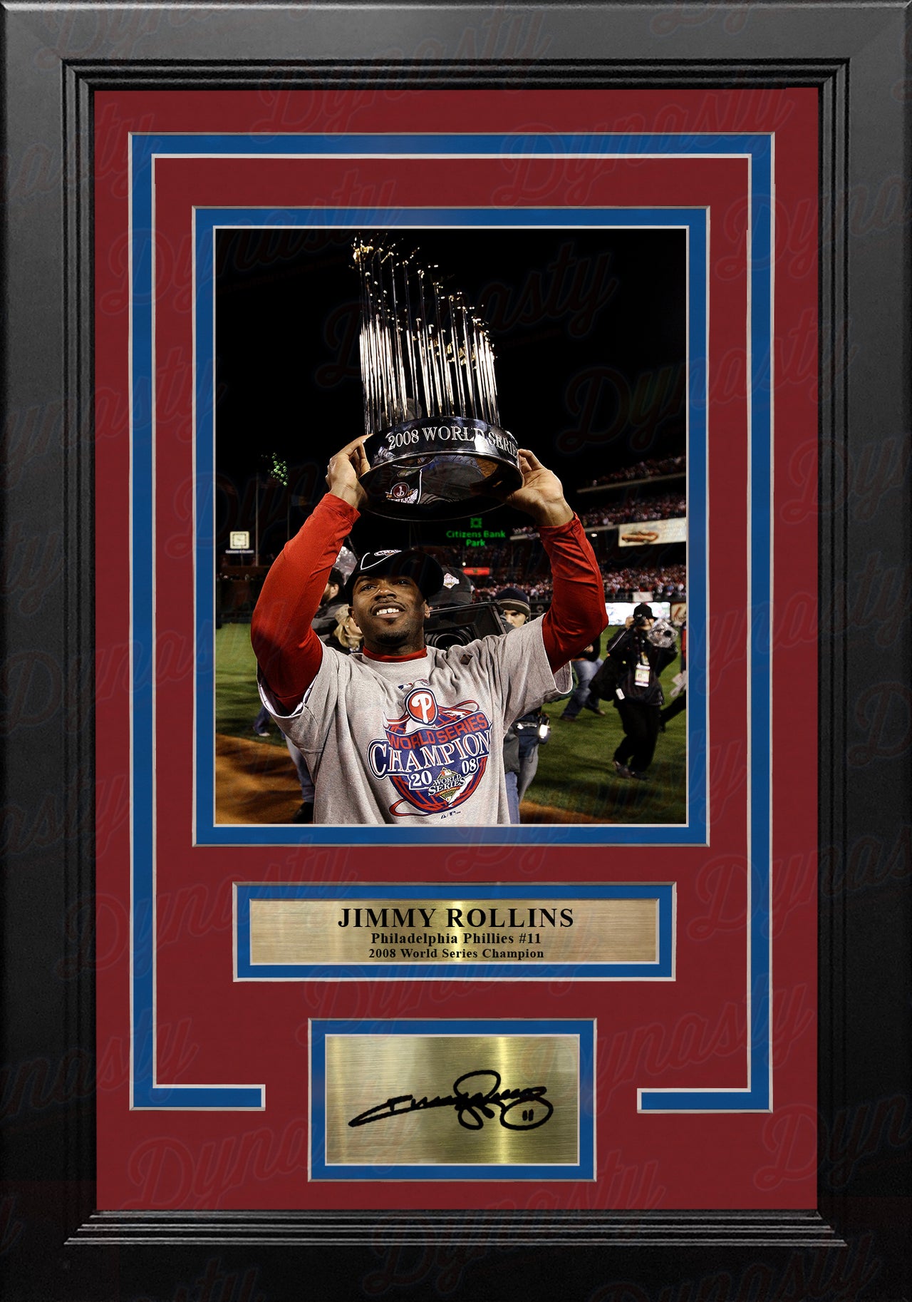 Jimmy Rollins 2008 World Series Trophy Philadelphia Phillies Framed Photo with Engraved Autograph - Dynasty Sports & Framing 