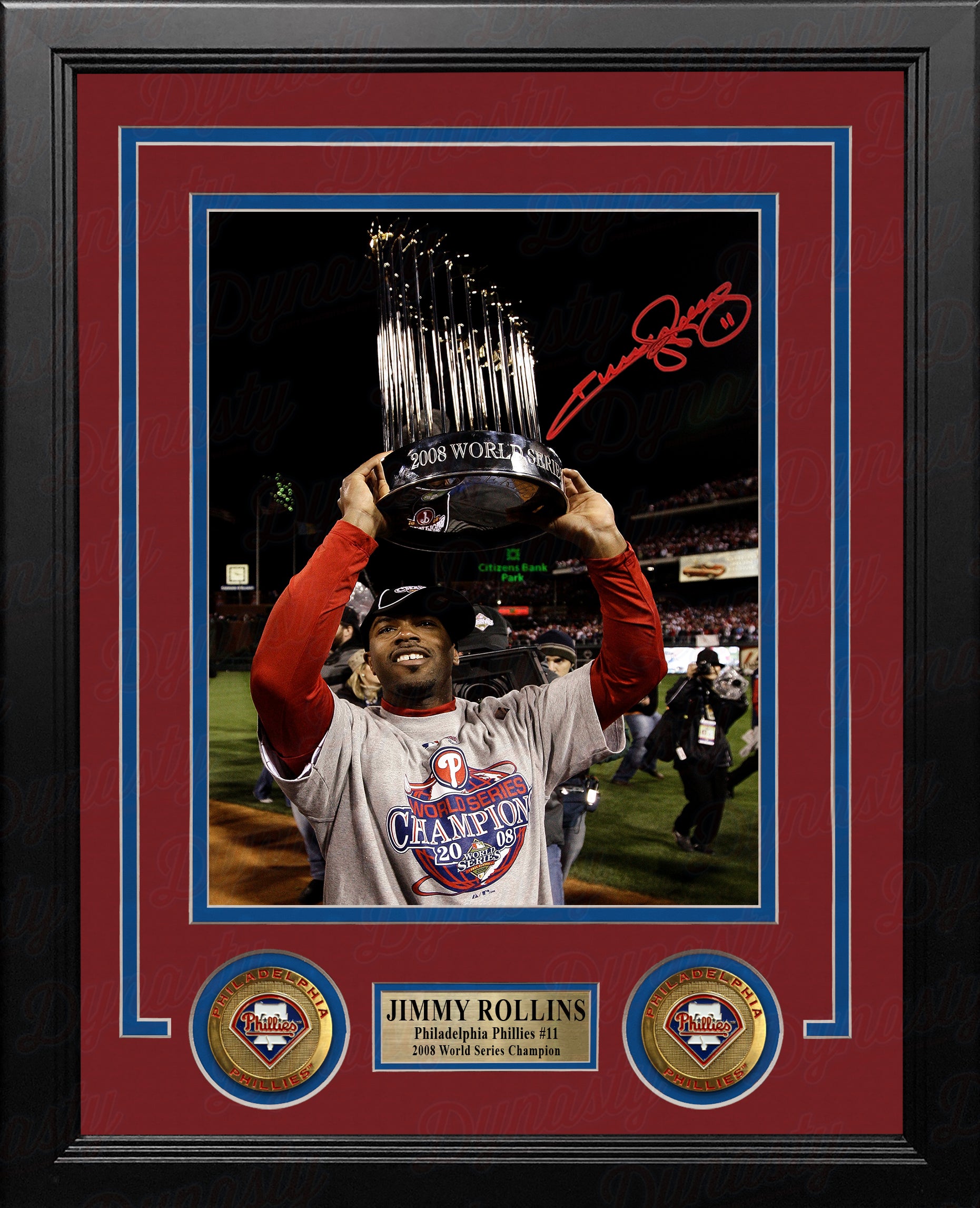 Jimmy Rollins Autographed 2008 World Series Trophy Framed Baseball Photo - Dynasty Sports & Framing 