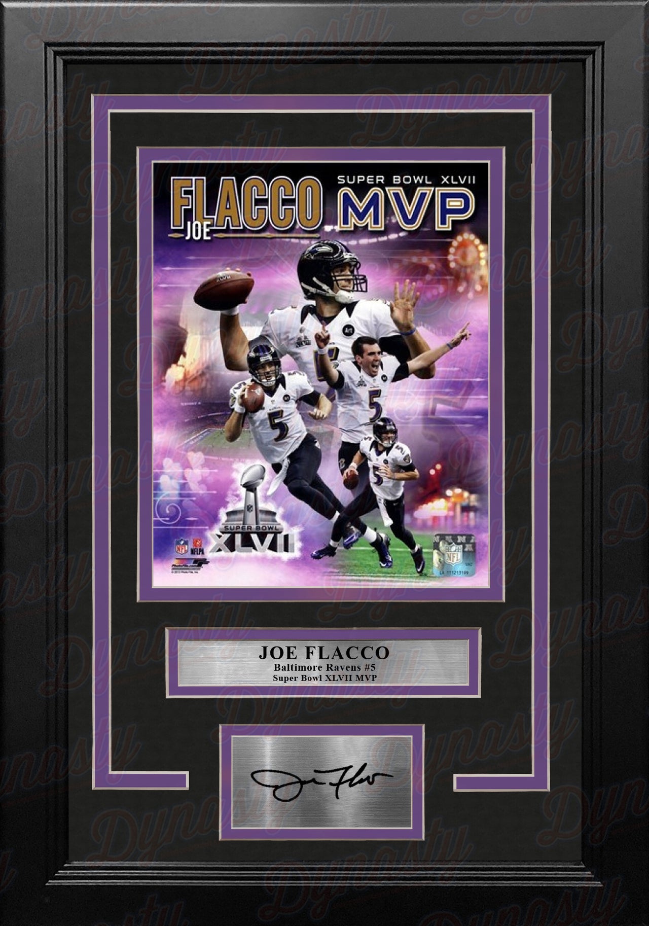 Joe Flacco Super Bowl XLVII MVP Baltimore Ravens 8x10 Framed Football Photo with Engraved Autograph - Dynasty Sports & Framing 