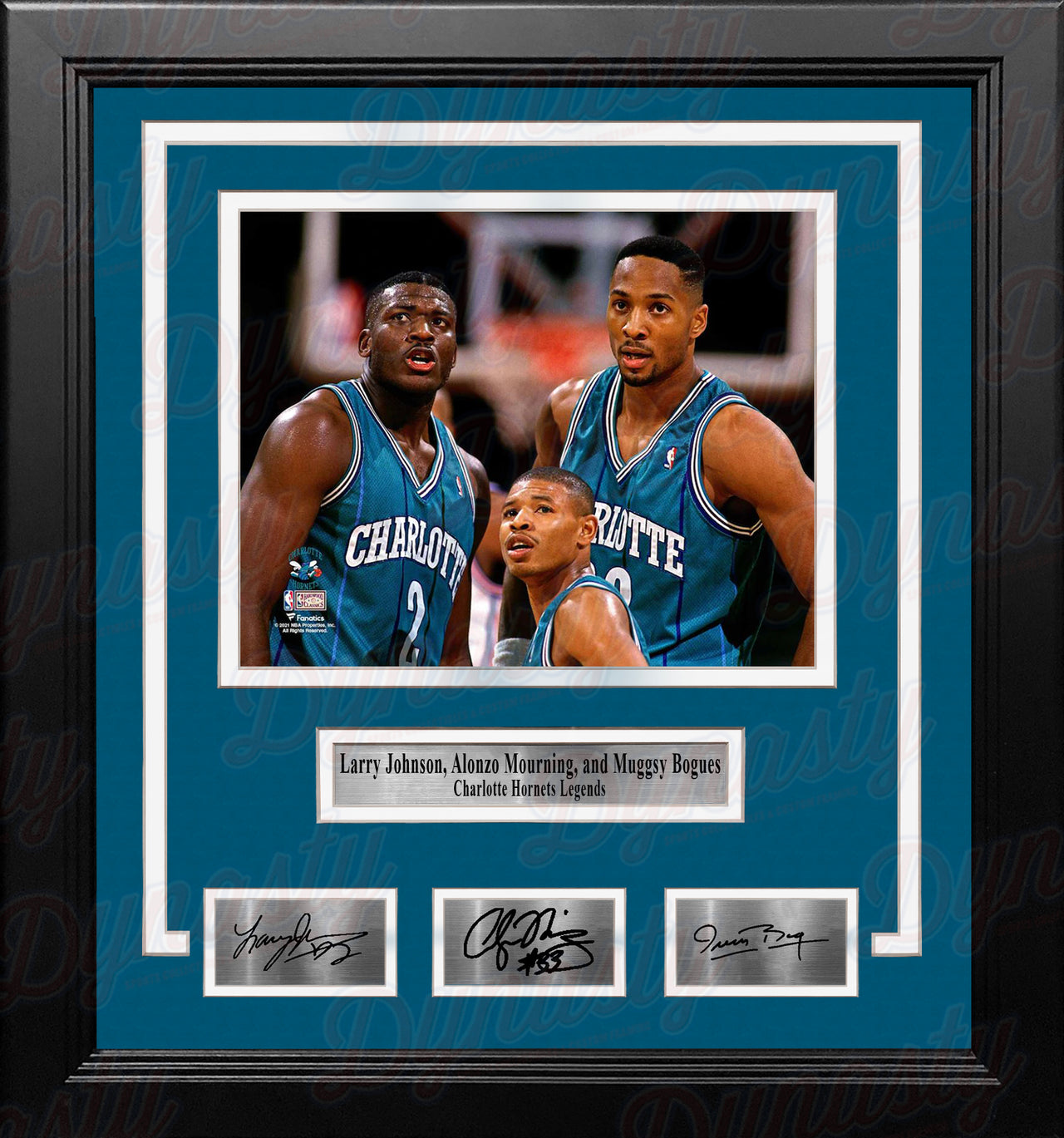 Larry Johnson, Alonzo Mourning, Muggsy Bogues Hornets 8x10 Framed Photo with Engraved Autographs - Dynasty Sports & Framing 