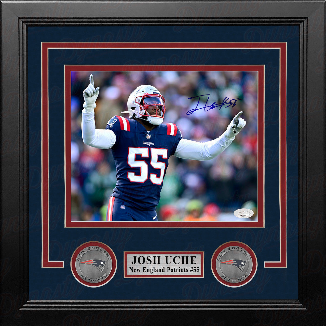 Josh Uche in Action New England Patriots Autographed 8" x 10" Framed Football Photo - Dynasty Sports & Framing 