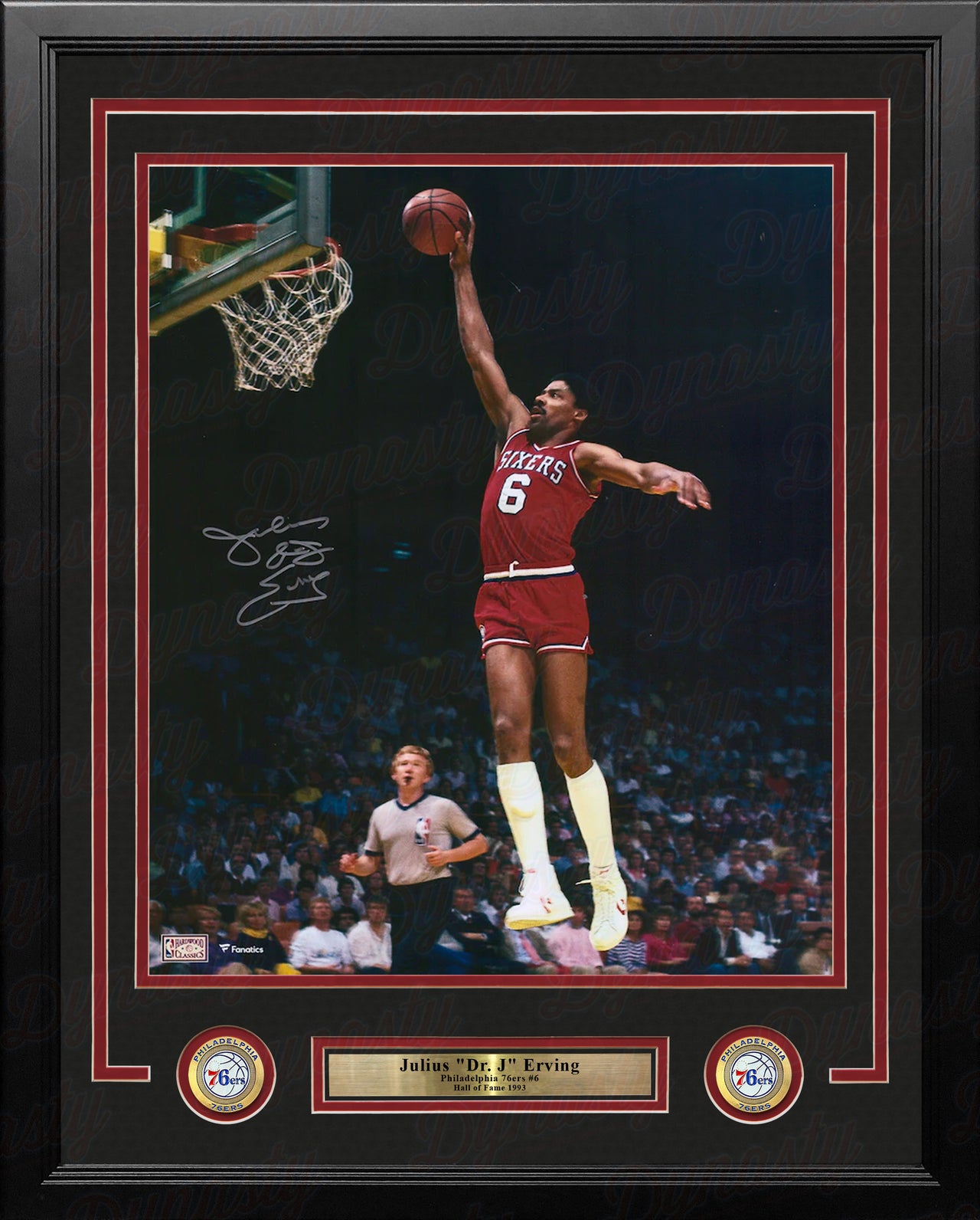 Julius Erving Blackout Dunk Philadelphia 76ers Autographed 16x20 Framed Photo with Dr. J Inscription - Dynasty Sports & Framing 