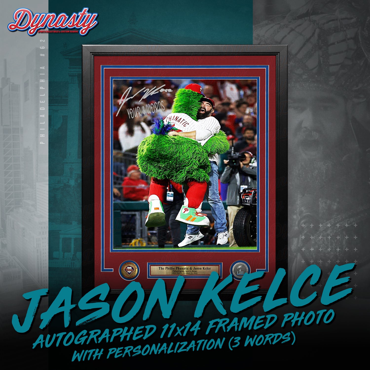 Jason Kelce Celebrates with The Phillie Phanatic NLCS Autographed Framed Photo | Pre-Sale Opportunity - Dynasty Sports & Framing 