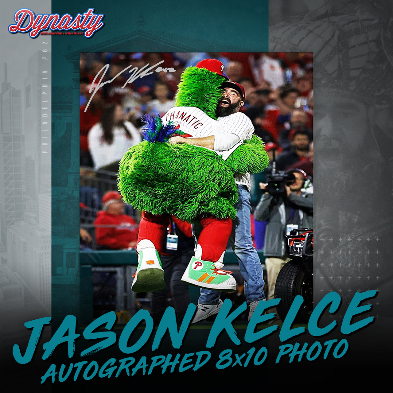 Jason Kelce Celebrates with The Phillie Phanatic NLCS Autographed Photo | Pre-Sale Opportunity - Dynasty Sports & Framing 