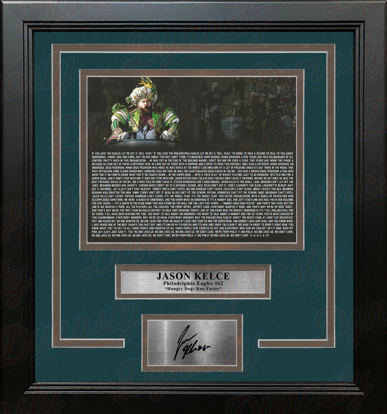 Jason Kelce Super Bowl Speech Text Philadelphia Eagles Framed Football Photo with Engraved Autograph - Dynasty Sports & Framing