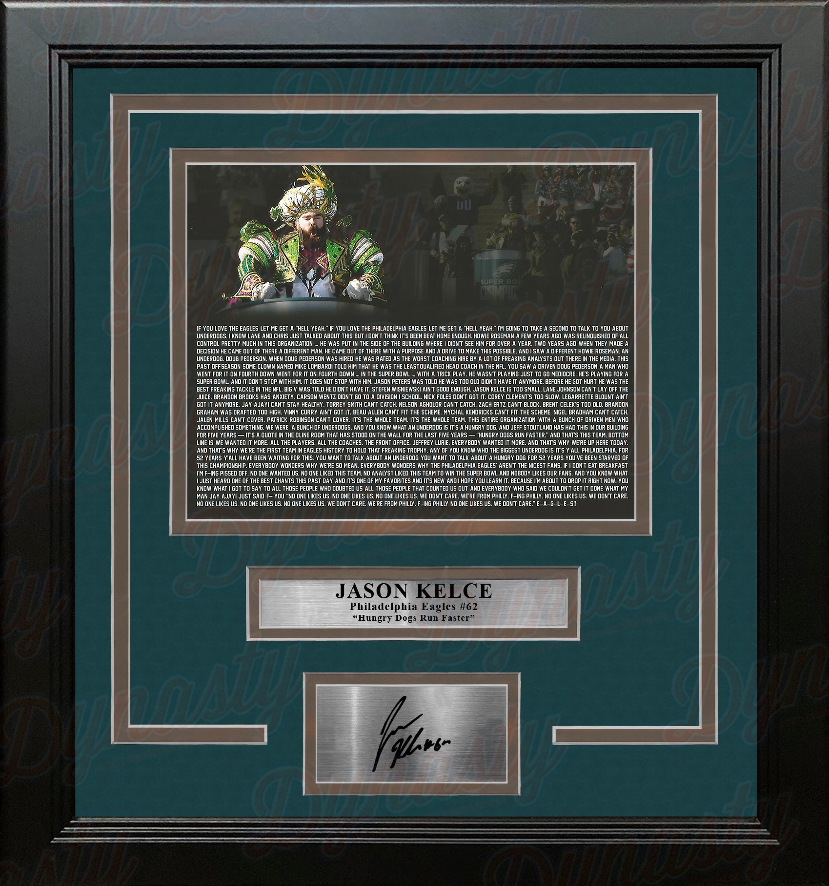 Jason Kelce Super Bowl Speech Text Philadelphia Eagles Framed Football Photo with Engraved Autograph - Dynasty Sports & Framing 