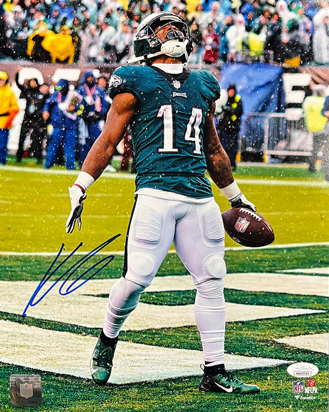 Kenneth Gainwell Touchdown Celebration Philadelphia Eagles Autographed Football Photo - Dynasty Sports & Framing 