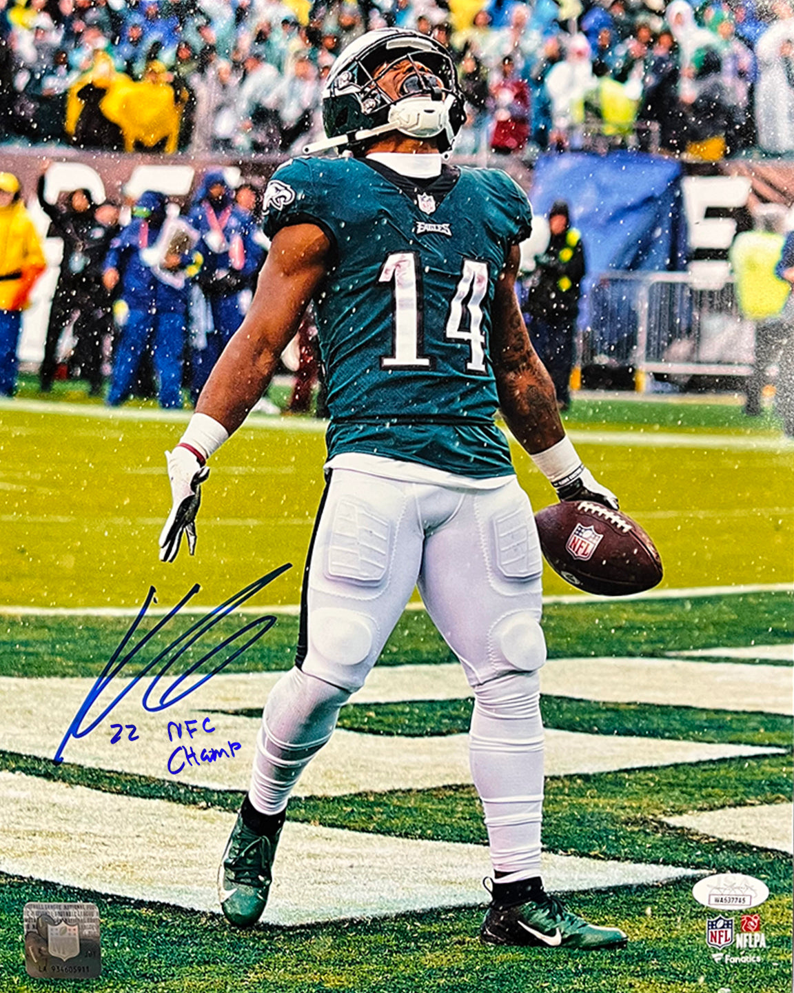 Kenneth Gainwell Touchdown Celebration Philadelphia Eagles Autographed Football Photo - Dynasty Sports & Framing 