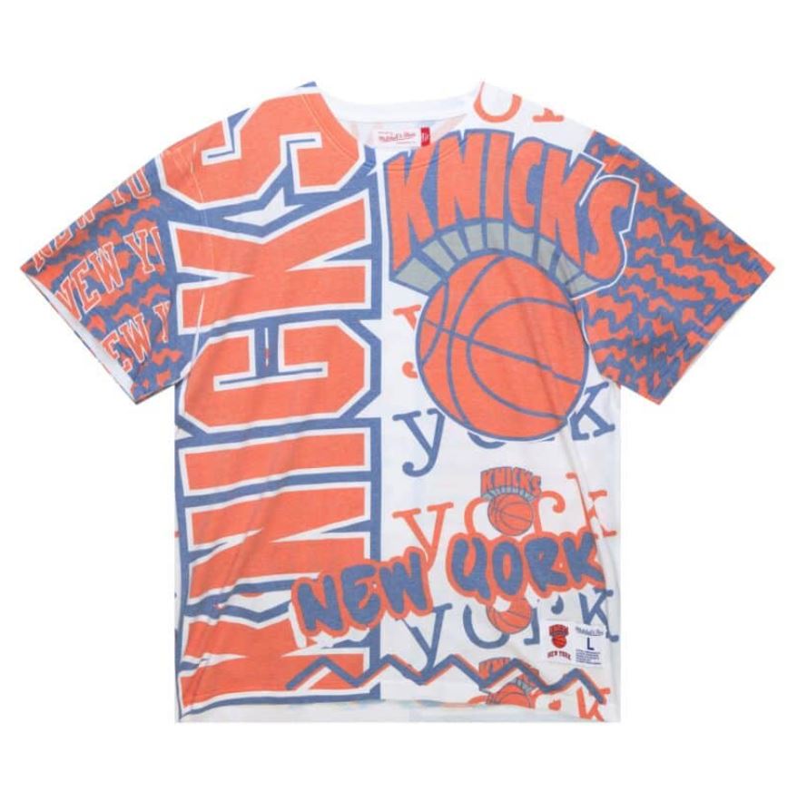 New York Knicks Mitchell & Ness White Jumbotron 2.0 Sublimated T-Shirt - Dynasty Sports & Framing 