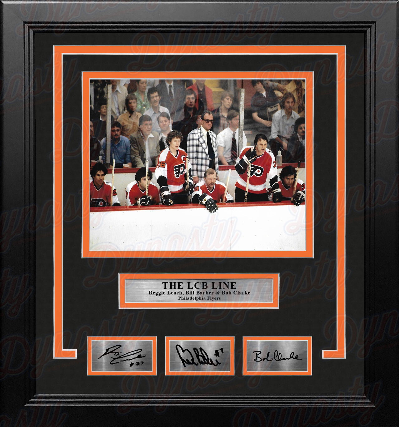 LCB Line Watching from the Bench Philadelphia Flyers Framed Hockey Photo with Engraved Autographs - Dynasty Sports & Framing 