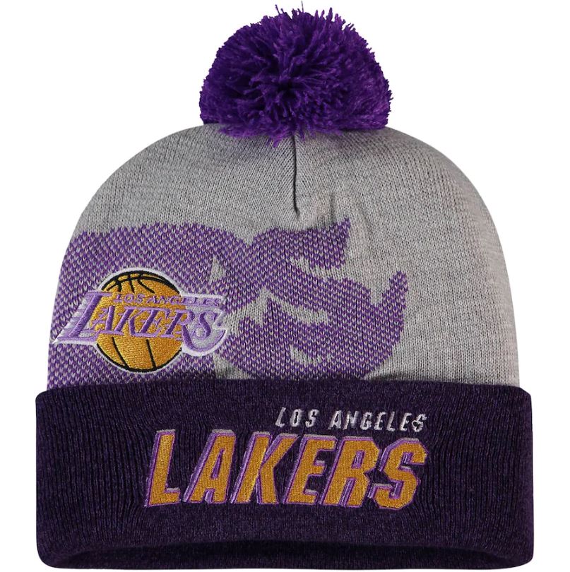 Los Angeles Lakers Mitchell & Ness Gray Hardwood Classics Draft Cuffed Knit Hat with Pom - Dynasty Sports & Framing 