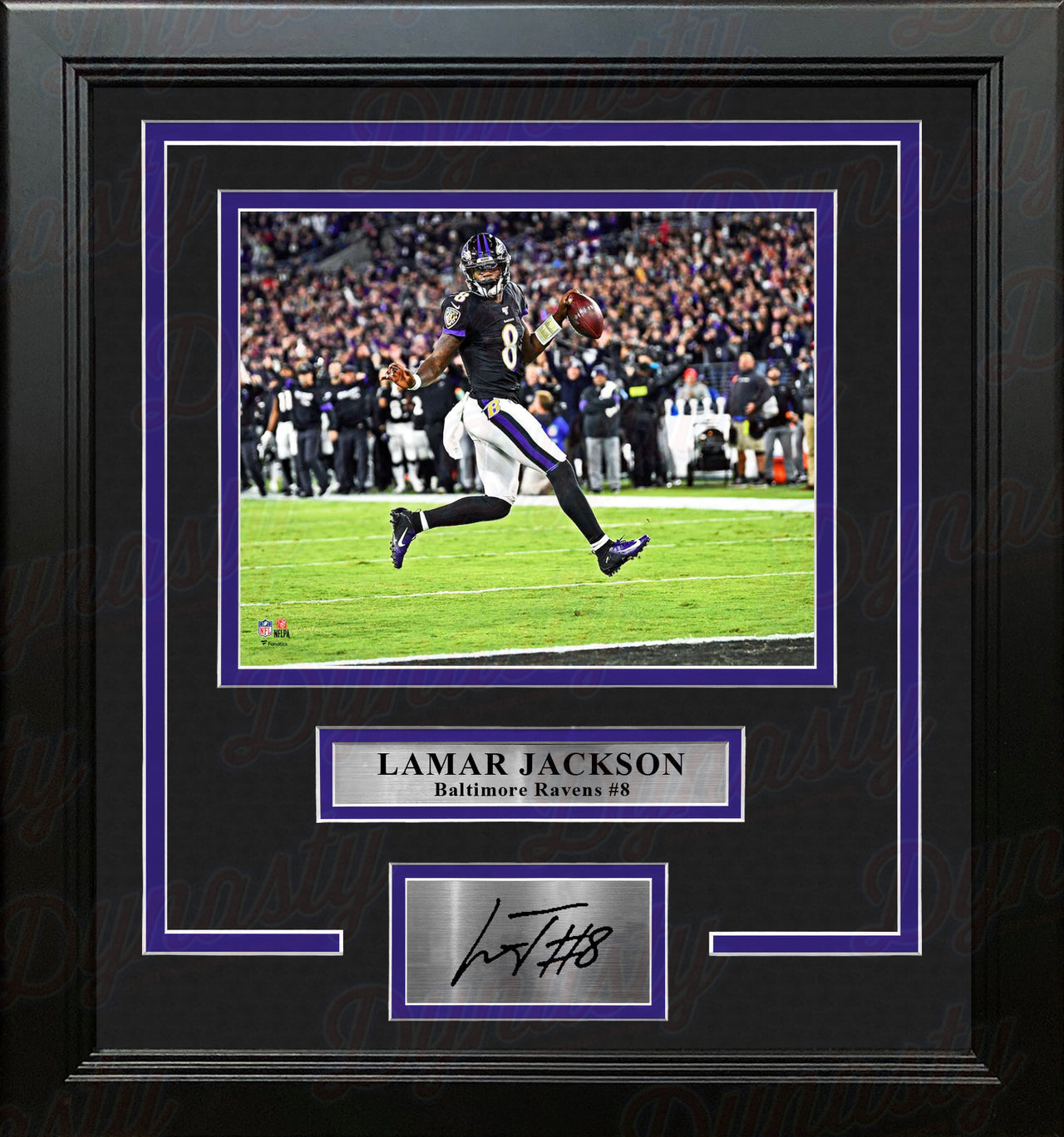 Lamar Jackson High-Stepping Touchdown Baltimore Ravens 8x10 Framed Photo with Engraved Autograph - Dynasty Sports & Framing 
