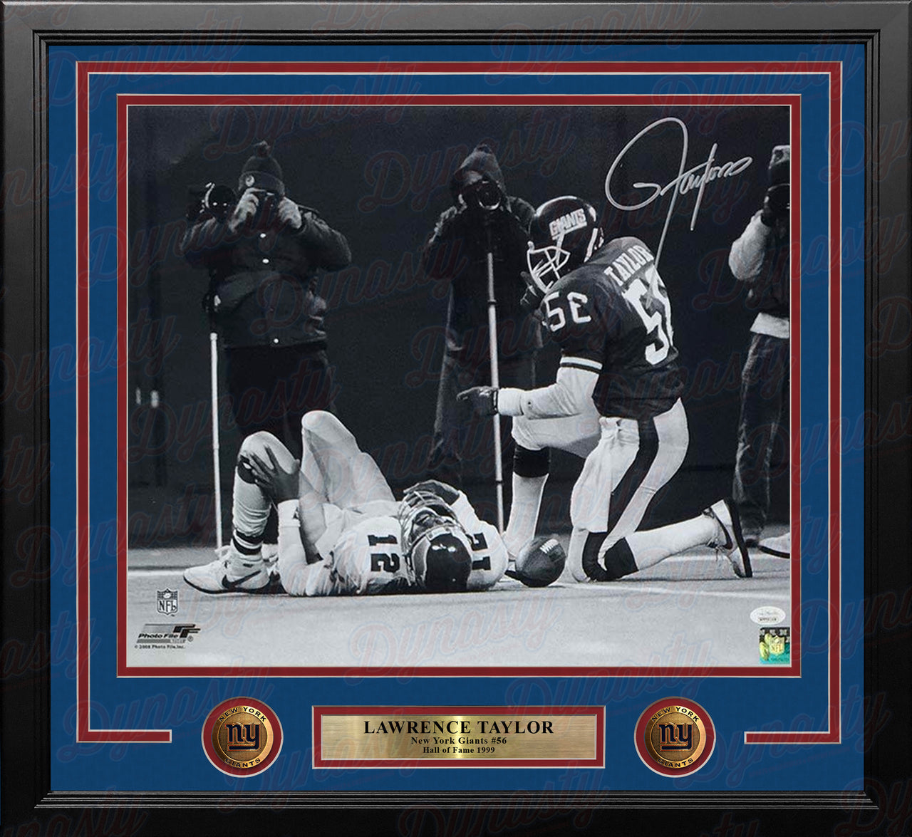 Lawrence Taylor Taunts Randall Cunningham New York Giants Autographed Framed Football Photo - Dynasty Sports & Framing 