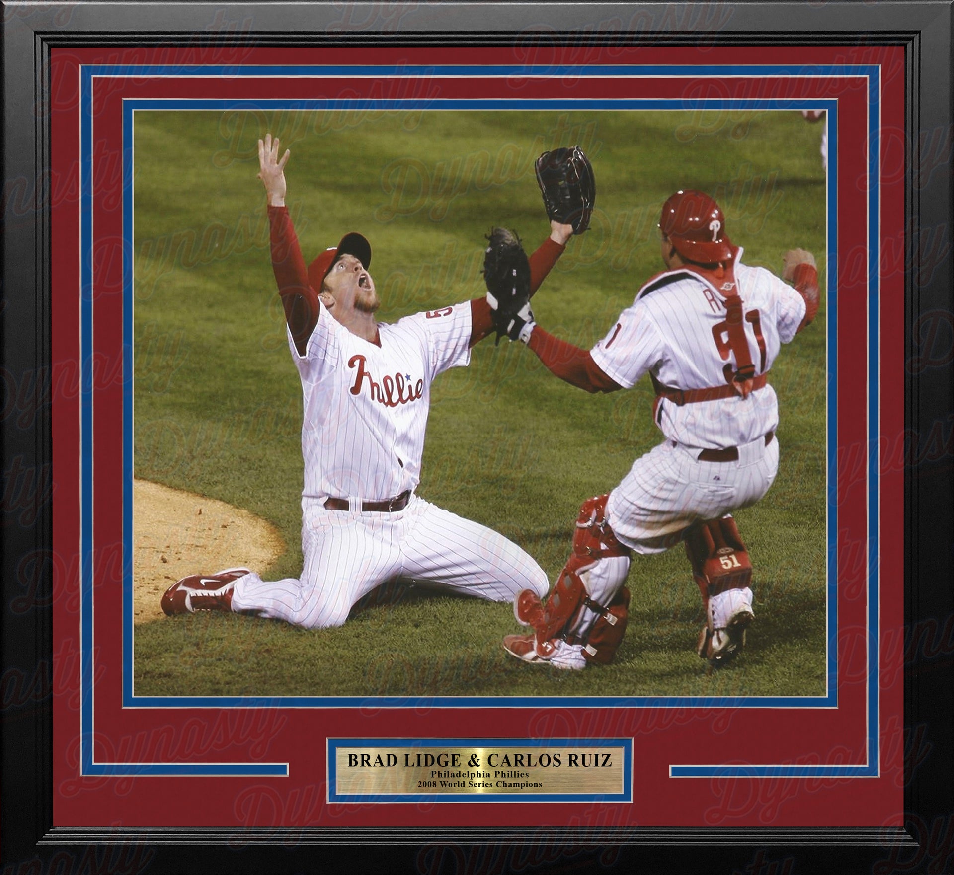 Brad Lidge & Carlos Ruiz 2008 World Series Last Out Celebration Philadelphia Phillies Framed Baseball Photo - Dynasty Sports & Framing 