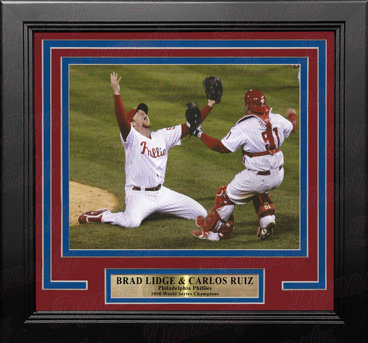 Brad Lidge & Carlos Ruiz 2008 World Series Last Out Celebration Philadelphia Phillies Framed Baseball Photo - Dynasty Sports & Framing 