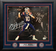 Mac Jones Blackout Action New England Patriots Autographed 11" x 14" Framed Football Photo - Dynasty Sports & Framing 