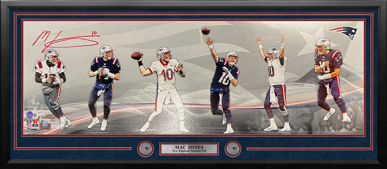 Mac Jones New England Patriots Autographed 10" x 30" Framed Football Panorama Collage Photo - Dynasty Sports & Framing 