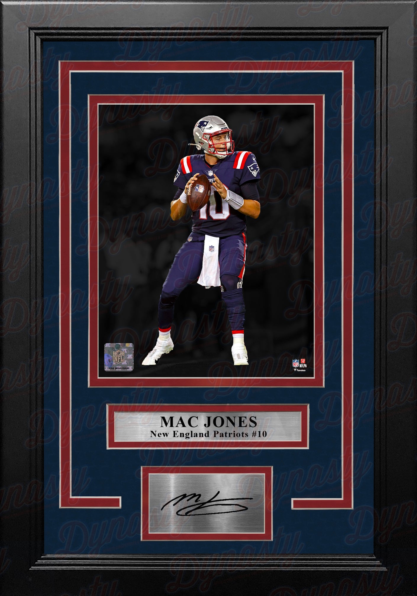 Mac Jones Blackout Action New England Patriots 8" x 10" Framed Football Photo with Engraved Autograph - Dynasty Sports & Framing 