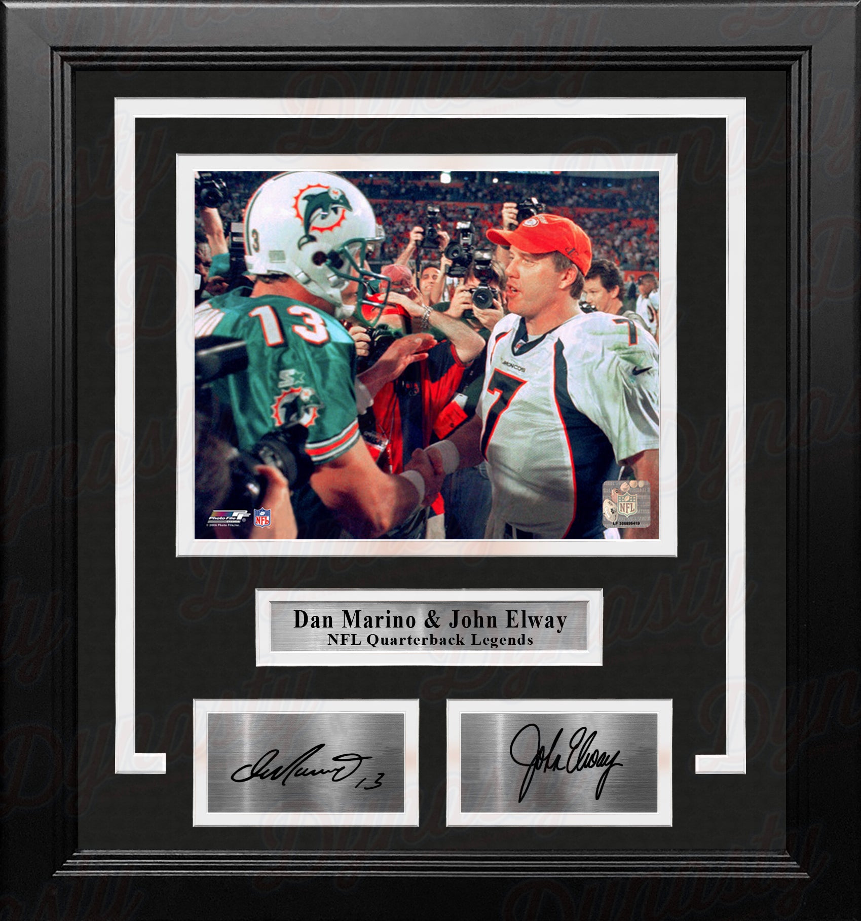 Dan Marino & John Elway 8x10 Framed Quarterback Legends Football Photo with Engraved Autographs - Dynasty Sports & Framing 