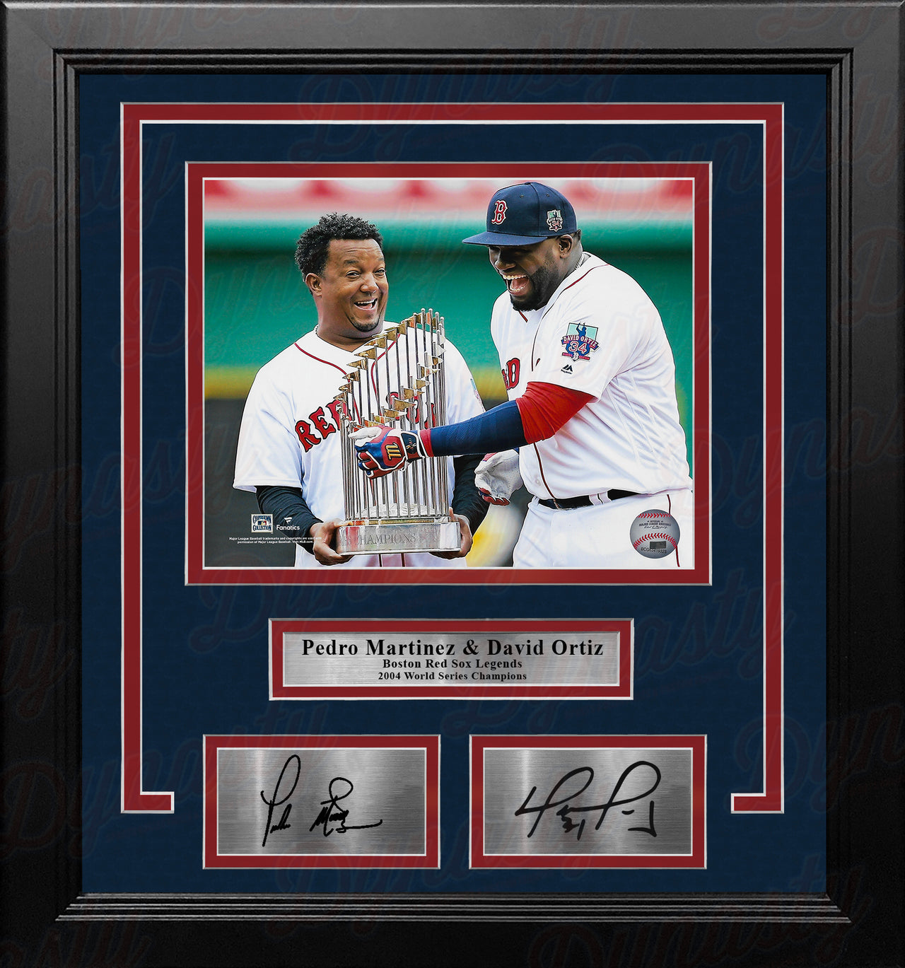Pedro Martinez & David Ortiz Trophy Boston Red Sox 8x10 Framed Photo with Engraved Autographs - Dynasty Sports & Framing 