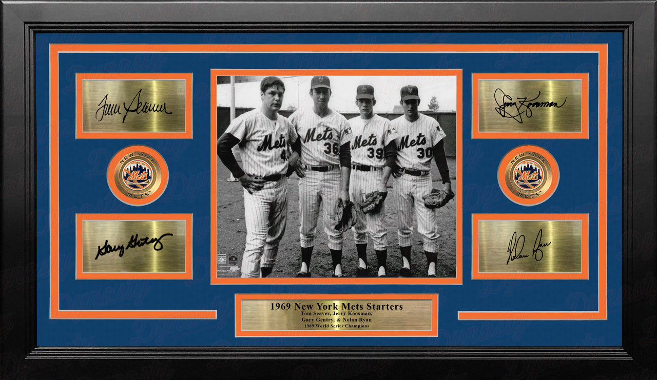 New York Mets 1969 Pitchers 8x10 Framed Photo with Engraved Autographs - Seaver Koosman Gentry Ryan - Dynasty Sports & Framing 