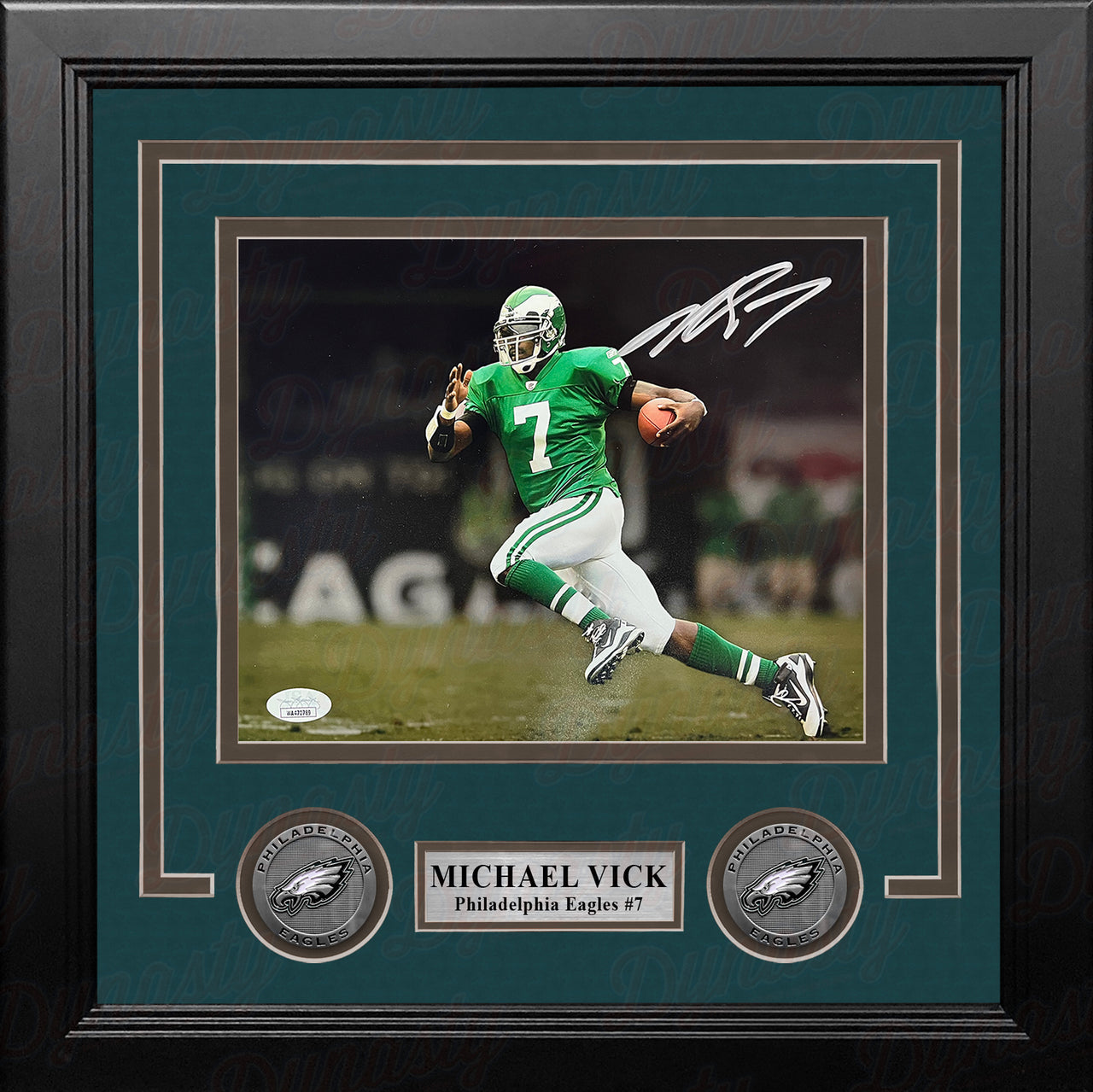 Michael Vick in Kelly Green Philadelphia Eagles Autographed Framed Blackout Football Photo - Dynasty Sports & Framing 
