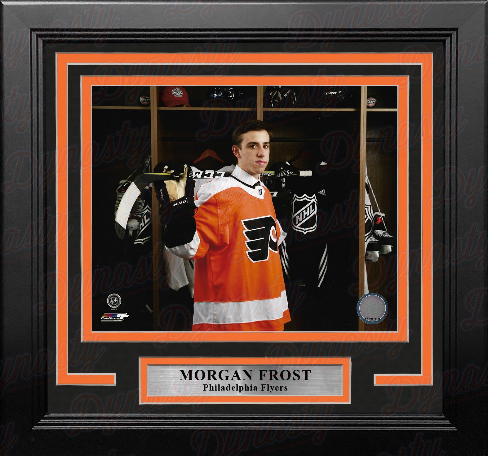 Morgan Frost Locker Room Philadelphia Flyers 8" x 10" Framed Hockey Photo - Dynasty Sports & Framing 