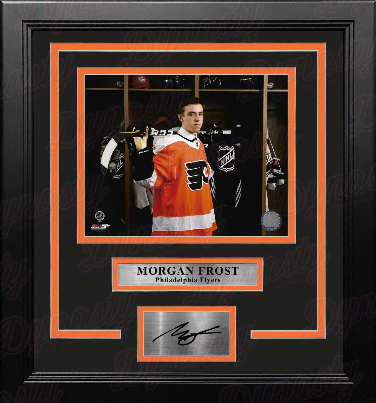 Morgan Frost Locker Room Philadelphia Flyers 8" x 10" Framed Hockey Photo with Engraved Autograph - Dynasty Sports & Framing 