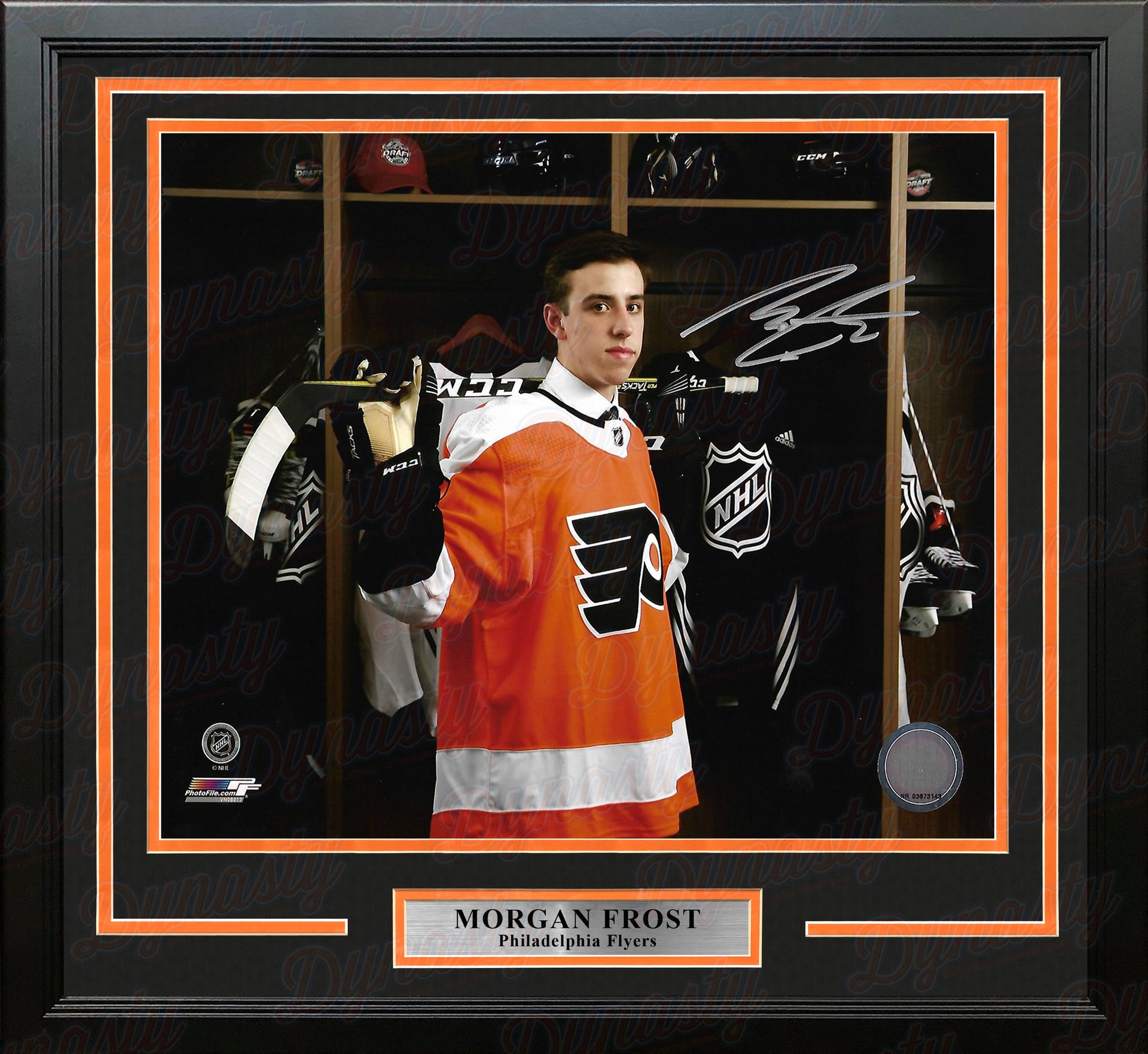 Morgan Frost Locker Room Autographed Philadelphia Flyers Framed Hockey Photo - Dynasty Sports & Framing 