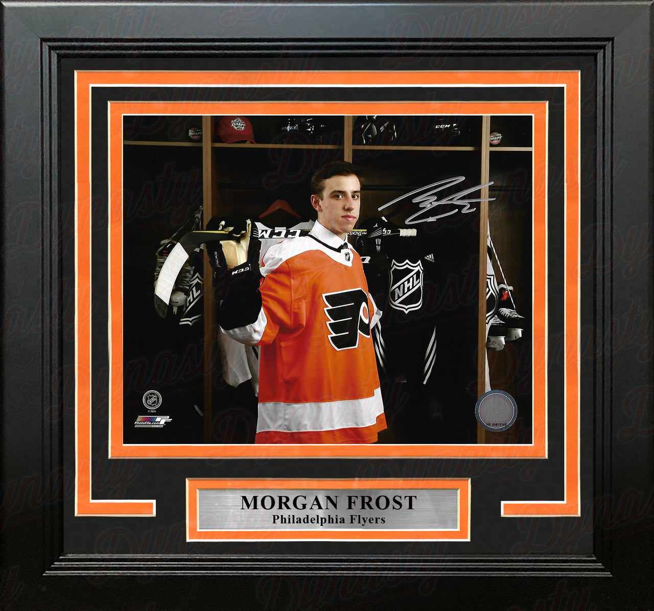 Morgan Frost Locker Room Autographed Philadelphia Flyers Framed Hockey Photo - Dynasty Sports & Framing 