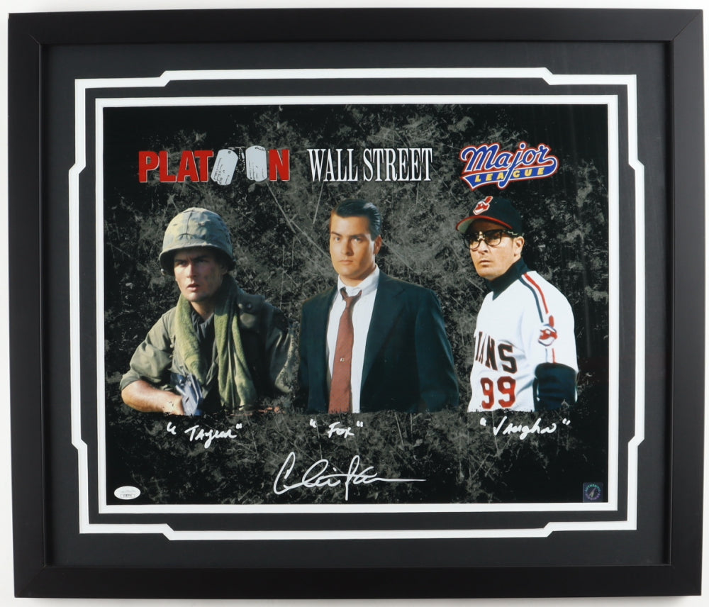 Charlie Sheen Platoon, Wall Street, & Major League Autographed 16" x 20" Framed Movie Collage Photo - Dynasty Sports & Framing 