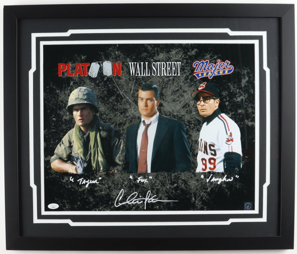Charlie Sheen Platoon, Wall Street, & Major League Autographed 16" x 20" Framed Movie Collage Photo - Dynasty Sports & Framing