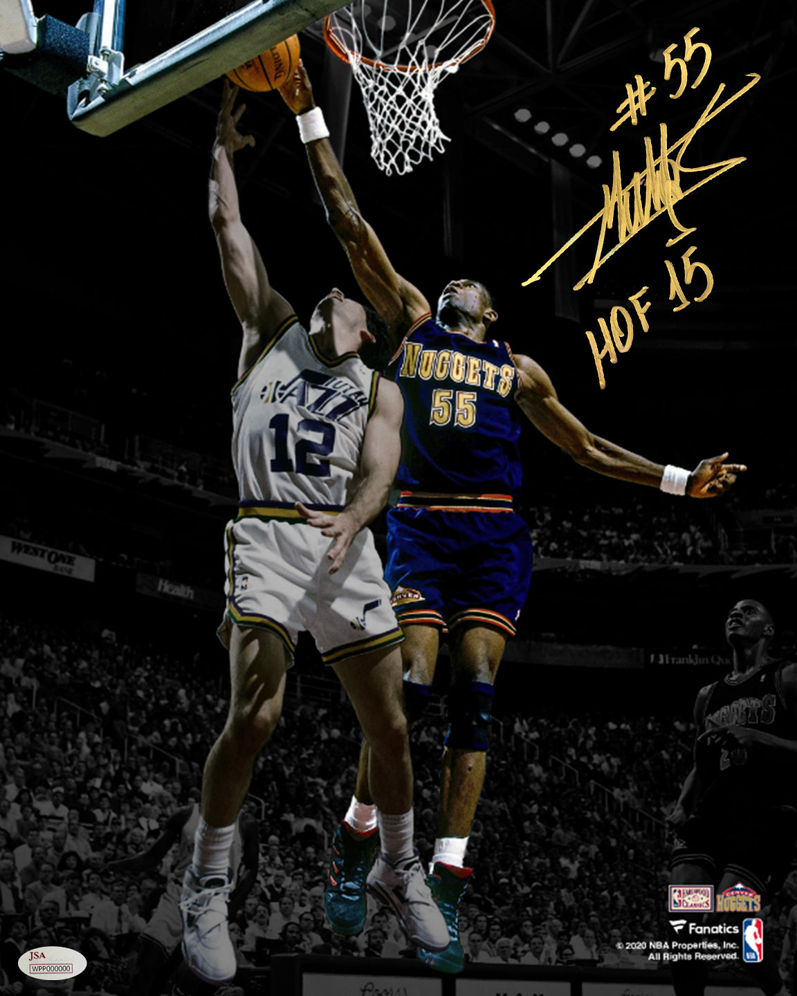 Dikembe Mutombo v Stockton Denver Nuggets Autographed Basketball Photo Inscribed Hall of Fame - Dynasty Sports & Framing