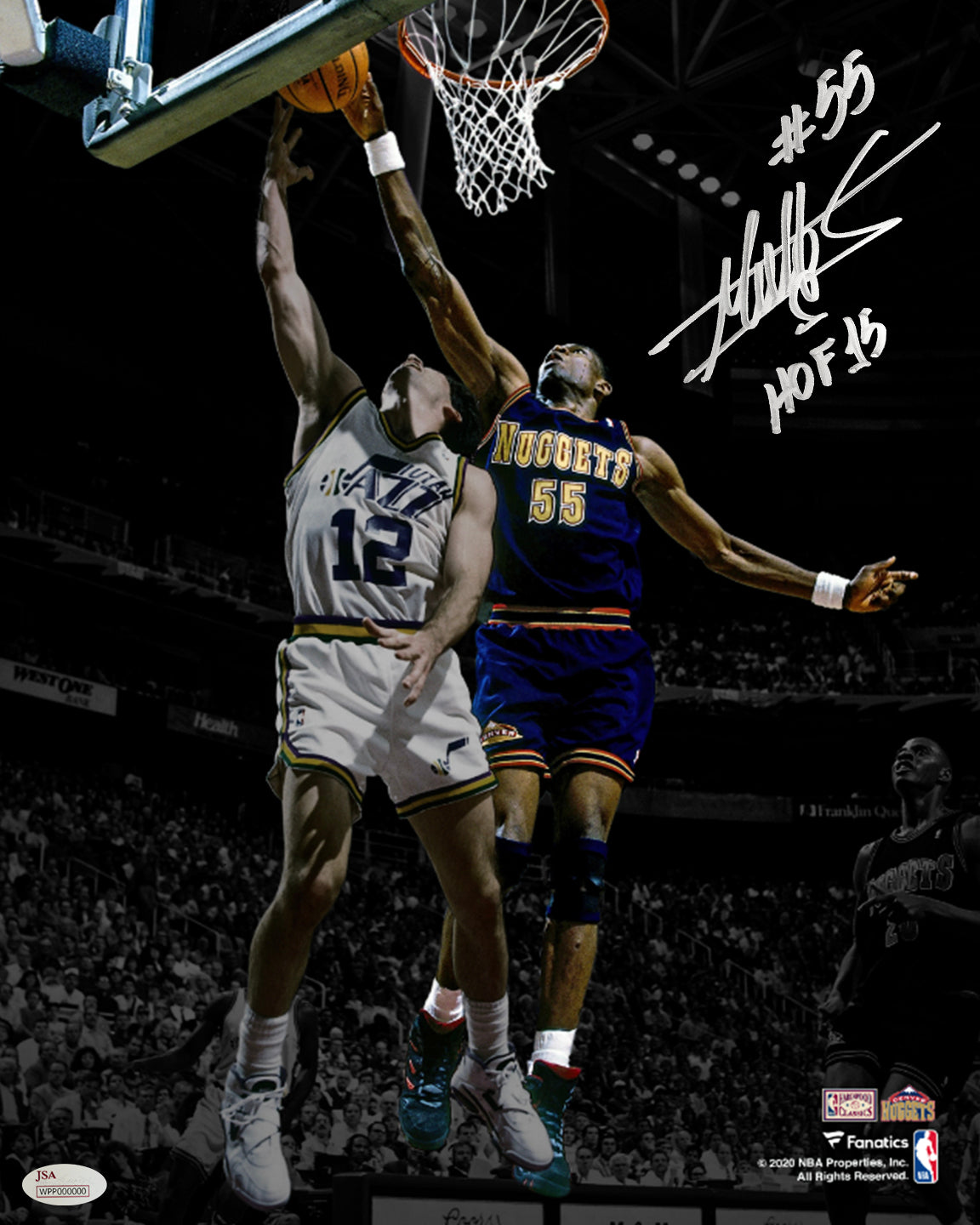 Dikembe Mutombo v Stockton Denver Nuggets Autographed Basketball Photo Inscribed Hall of Fame - Dynasty Sports & Framing