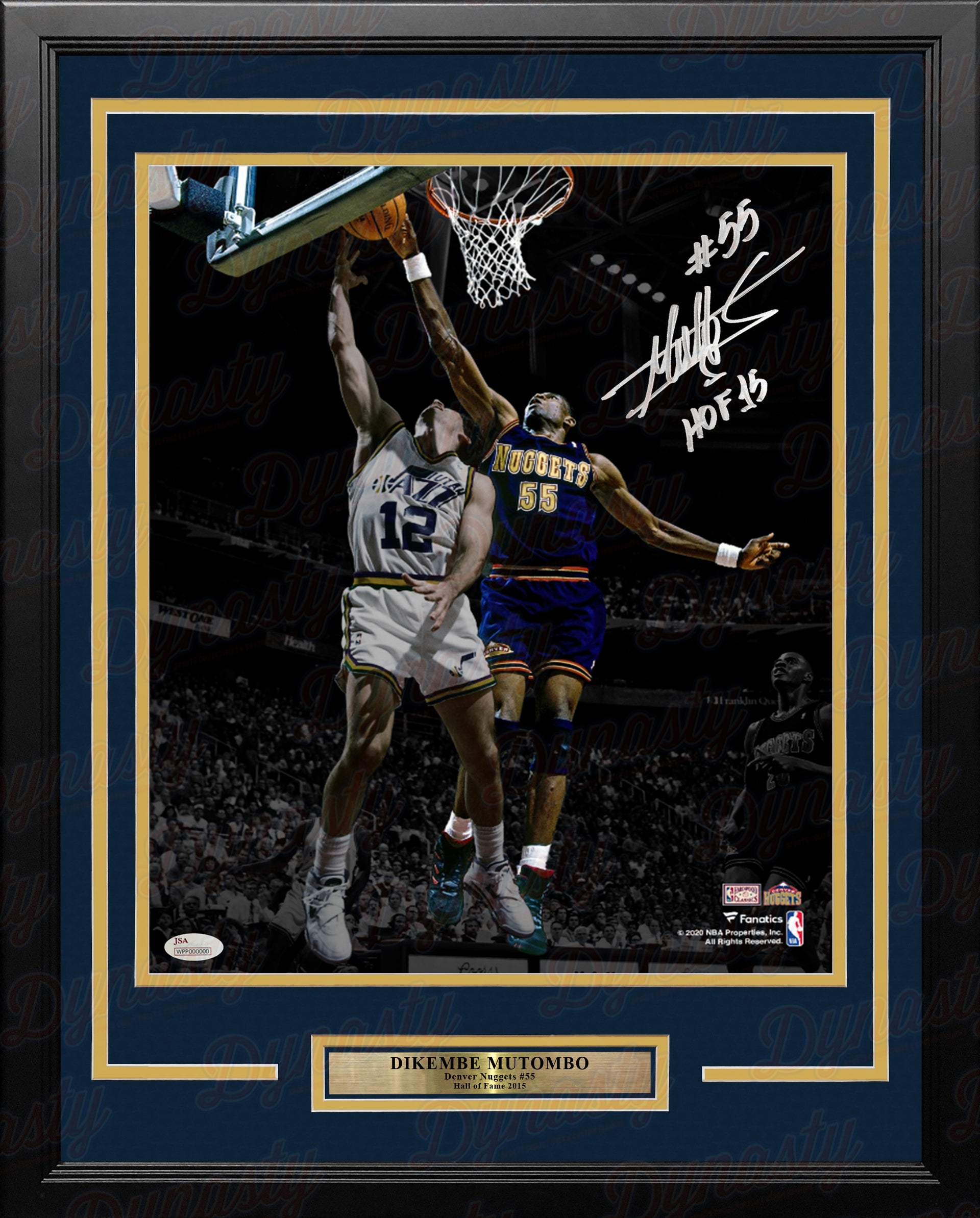 Dikembe Mutombo v Stockton Denver Nuggets Autographed Framed Basketball Photo Inscribed Hall of Fame - Dynasty Sports & Framing 