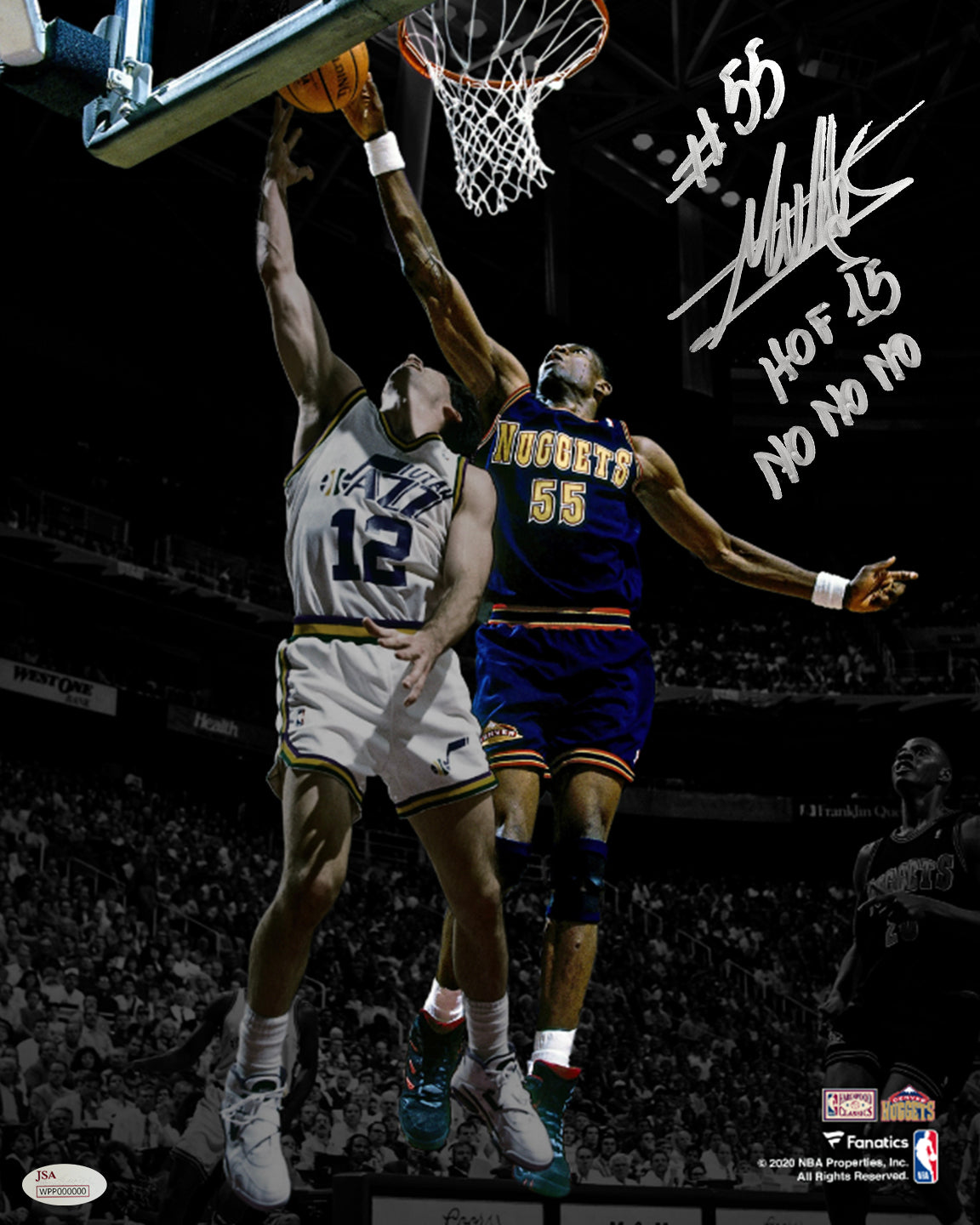 Dikembe Mutombo v Stockton Denver Nuggets Autographed Basketball Photo Inscribed Hall of Fame - Dynasty Sports & Framing