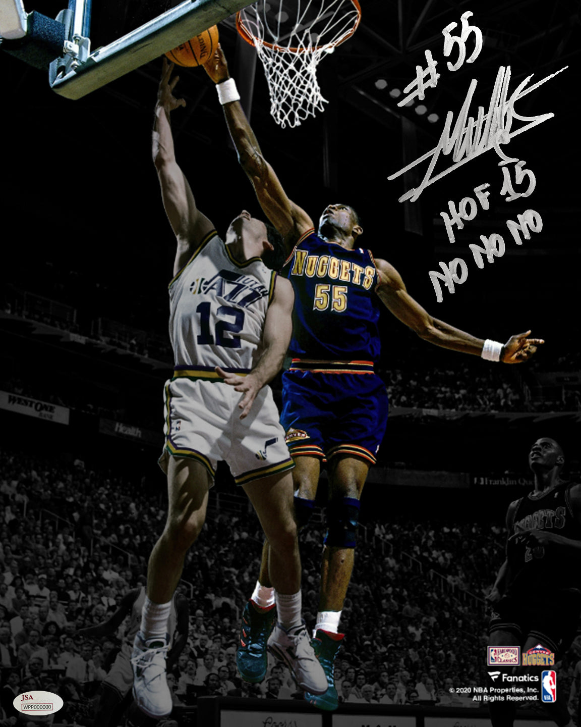 Dikembe Mutombo v Stockton Denver Nuggets Autographed Basketball Photo Inscribed Hall of Fame - Dynasty Sports & Framing 