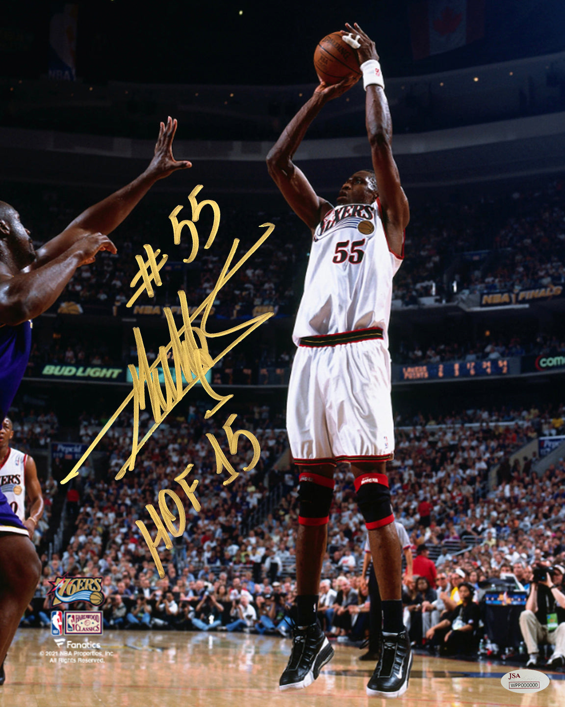 Dikembe Mutombo v Shaq Philadelphia 76ers Autographed Basketball Photo Inscribed Hall of Fame - Dynasty Sports & Framing