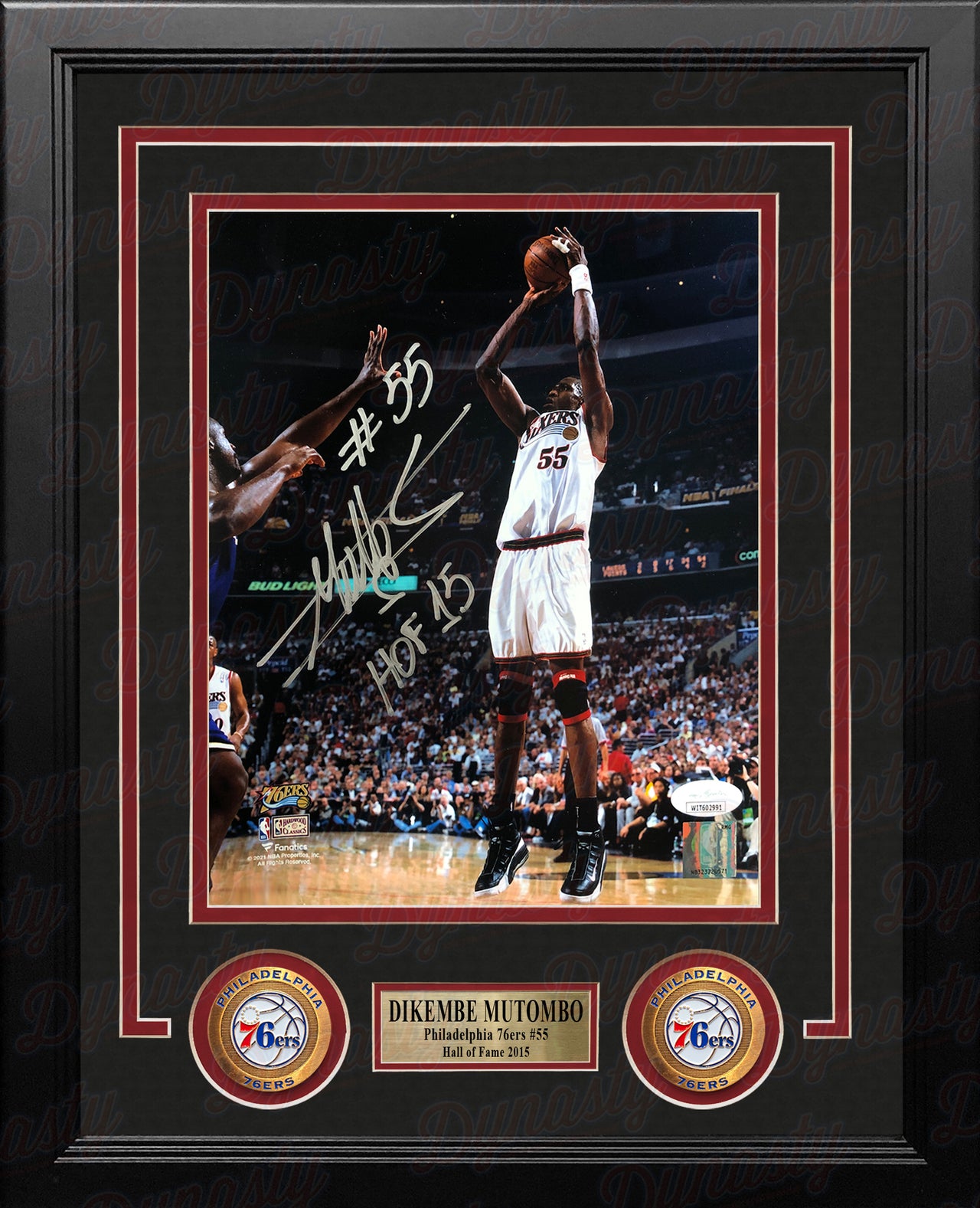 Dikembe Mutombo v Shaq Philadelphia 76ers Autographed Framed Basketball Photo Inscribed Hall of Fame - Dynasty Sports & Framing 