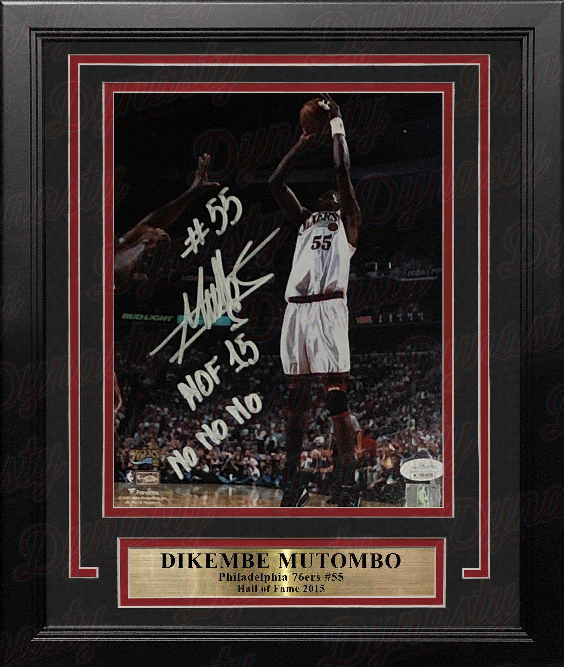 Dikembe Mutombo v Shaq Philadelphia 76ers Autographed Framed Basketball Photo Inscribed Hall of Fame - Dynasty Sports & Framing 