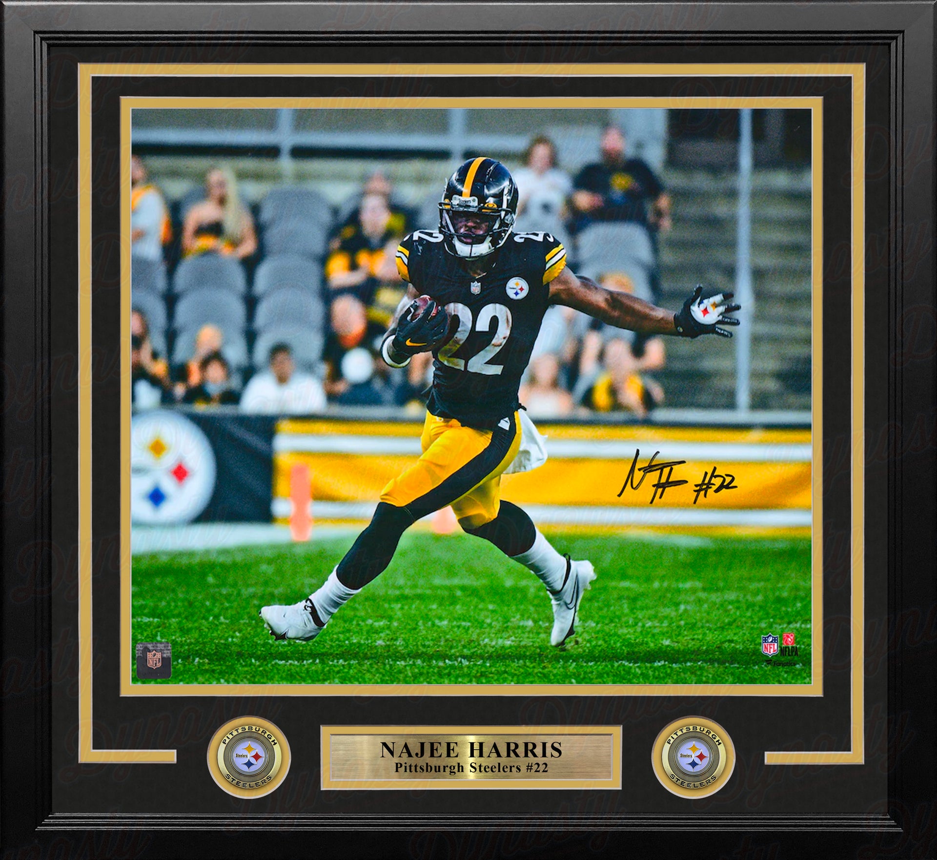 Najee Harris in Action Pittsburgh Steelers Autographed Framed Football Photo - Dynasty Sports & Framing 